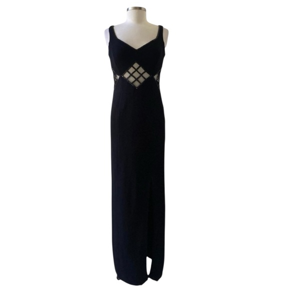 St John Evening Black Sleeveless Cutout Long Knit Dress with Paillette  Detail